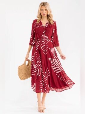 Red Abstract Print Wrap Midi Dress with Tie Waist and Flowy Sleeves